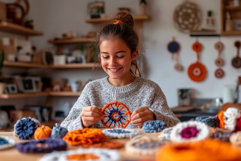 Attrape-rêves en laine – bricolage enfant DIY Jeune fille souriante fabriquant un attrape-rêves en laine colorée, activité bricolage enfant 9-12 ans