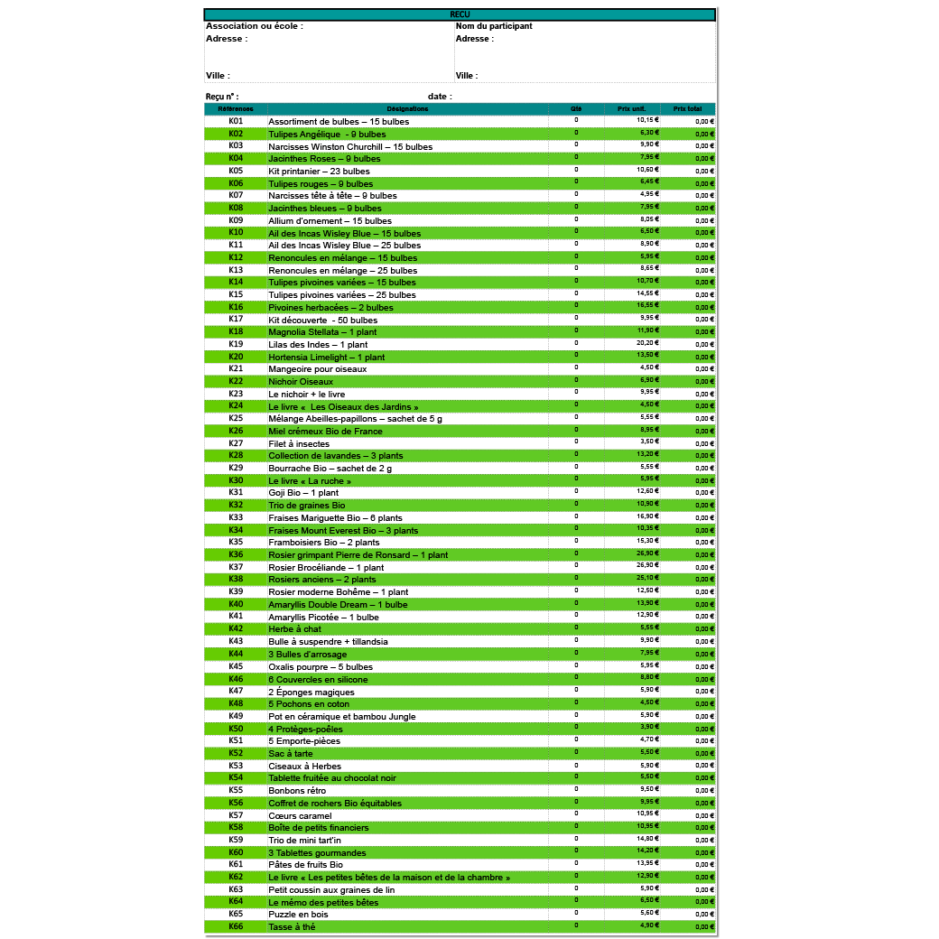 Reçu pour les participants